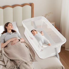 Cowiewie Bassinet Bedside Sleeper, Baby Bassinets Higher Place on Bed, 5-Position Adjustment Baby Crib, Breathable 360° All-Around Mesh Sides Bedside Bassinet, Height(37.4"-41.3")