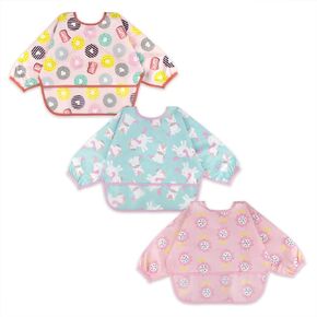Baby Noah 3 Pack Long Sleeve Bib, Toddler Mess Free & Waterproof Shirt Bibs, Reusable Bib with Pocket, Adjustable Fits Ages 6-24 Months