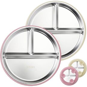 Stainless Steel Kids Plates with Suction, 9" Divided Baby Plates with Removable Silicone Sleeves, Non-Slip Toddler Plates Unbreakable Metal Toddler Bowls Dinnerware Set of 2 (Pink, Beige)