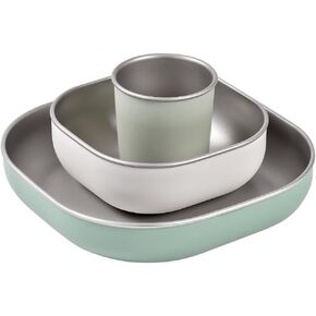 BEABA Stainless Steel Meal Set | Microwave and Oven Safe | Baby Plates Baby Bowls and Cup with Anti-Slip Silicone Cover | Kids Plates Non Toxic, Sage Green