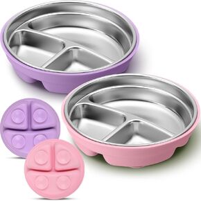 Nuogo 3 Pcs Stainless Steel Baby Suction Plates with Removable Silicone Shell 2-in-1 Metal Toddler Bowl Divided for Picky Eaters Kids Feeding Led Weaning Supplies, Dishwasher Safe (Blue,Pink,Green)