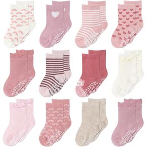 The Peanutshell Organic Baby Girl Socks 0-24 Months Set of 12 - Non-Slip Grip, 100% Cotton Newborn & Toddler Socks - Blush