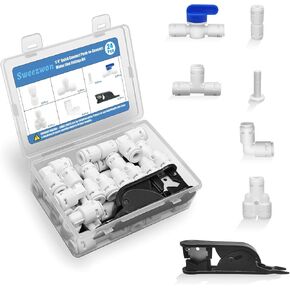 Water Tube Fittings Kit,1/4" OD Quick Connect Push to Connect Fittings for RO/DI Water Filter System(Ball Valve+ T+ I+ L+ Y+ Professional Tubing Cutter,46Pcs)