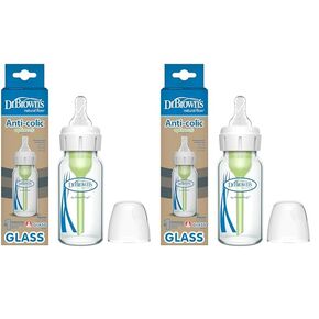 Dr. Brown's Natural Flow Anti-Colic Options+ Narrow Glass Baby Bottle, 4 oz/120 mL, with Level 1 Slow Flow Nipple, 2 Pack, 0m+