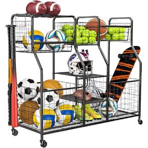 Garage Sports Equipment Organizer, Ball Storage Rack, Garage Organizer System, Indoor/Outdoor Sports Rack, Rolling Sports Ball Storage Cart with Wheels, for Basketballs Footballs Volleyball, Black