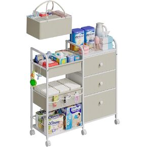 2In1 Baby Diaper Caddy Organizers and Storage, 3-Tier Rolling Diaper Cart, Diaper Caddy Organizer with Dividers and Drawers, Mobile Utility Cart for Changing Table, Crib Nursery, Bedroom