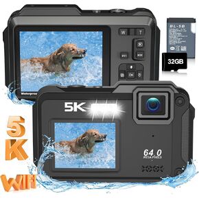Underwater Camera 4K 64MP 16FT with WiFi Connection 16X Digital Zoom IPS Dual-Screen(2.8"/2") Selfie for Snorkeling with 32GB Card Black