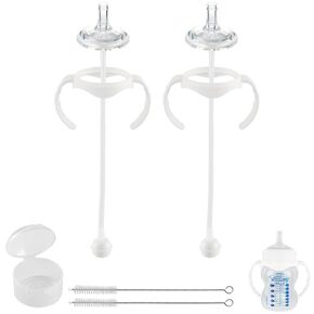 Sippy Straw Cup Conversion Kit for Dr Browns Wide-Neck Baby Bottles, Spill-Proof Transition Kit with Silicone Sippy Nipple, Weighted Straw, Handle, 2 Pack, 8m+