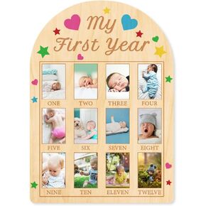 ORIGACH My First Year Baby Growth Photo Display Wood Board - 12 Months Newborn Milestones Picture Frame - Neutral Baby Keepsake Board 1st Birthday Party Nursery Decor New Mom Gift - Jungle Animals