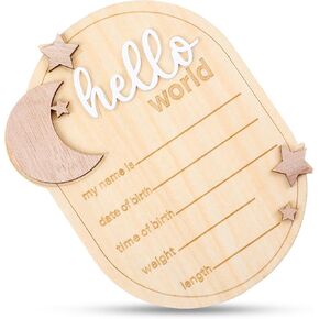 علامة إعلان اسم الطفل 6.3 بوصة Wooden Hello World World Neداد Sign Moon and Stars Baby Welcom
