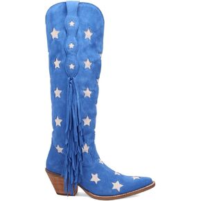 Dingo Womens Super Star Fringe Tooled Inlay Snip Toe Casual Boots Over the Knee Mid Heel 2-3" - Blue