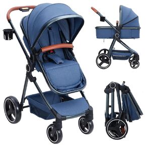 GAOMON 2-in-1 Convertible Baby Stroller with Bassinet Mode - Foldable Infant Pushchair, Toddler High Landscape Stroller with Reversible Stroller Seat, Aluminum Structure, 5-Point Harness, Blue