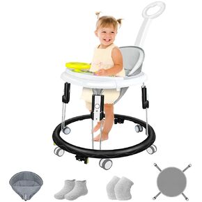 Foldable Baby Walker for Boys and Girls, 5-in-1 Baby Walker with Wheels, Adjustable Height Toddler Activity Walker with Music Tray, Detachable Seat and Mute Anti-Rollover Baby Walkers for 6-24 Months