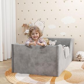 Toddler Bed, Toddler Floor Bed Frame with Guard Rails, Small Bed for Kids Boys and Girls Aged 2-6 Years, Standard Crib Mattress Toddler Beds, Certified Fabric Toddler Beds(Big Gray)
