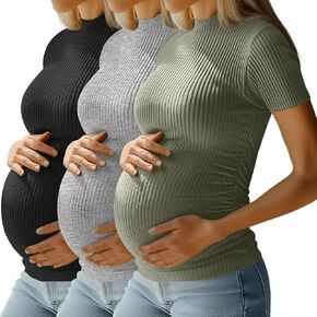 Ficerd 3 Pack 92% Cotton Ribbed Maternity T-Shirts for Women, Mock Turtleneck Side Ruched Slim Short Sleeve Pregnancy Tops