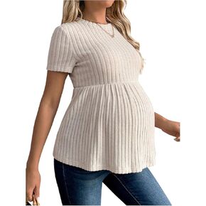 Women's Ruffle Hem Maternity T Shirt Short Sleeve Crewneck Ribbed Knit Peplum Tee Tops