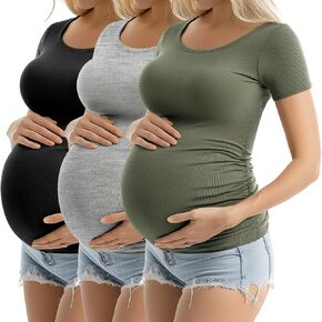Ficerd 3 Pack Women's Maternity T Shirts, Short Sleeve Cotton Pregnancy Tops Crew Neck Ribbed Knit Side Ruched Mama Clothes
