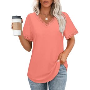 Xieerduo v الرقبة T ermts for Women Lace Sleeve Ladies Tops and Blouses Summer Teee Basic