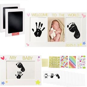 4-Pack DIY Inkless Handprint and Footprint Kit for Babies & Pets, Safe No Mess, Baby Footprint Kit, Dog Paw Print Kit, Newborn Keepsake Kit with 4 Ink Pads, 8 Impression Cards, and 2 Picture Frames