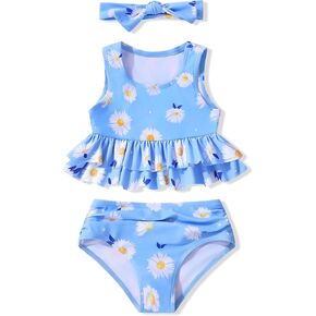 Baby Girl Swimsuit Infant Two Piece Suit with Headband Toddler Bathing Ruffles Bikini Tankini Beach Swimwear 18M-5T