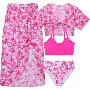 Girls Swimsuits 4 Piece Tankini Bathing Suit Set Cute Bikini Swimwear with Long Skirt for Teens