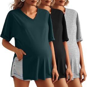 Ficerd 3 Pack Women's Maternity T-Shirts, Loose Split Side Pregnancy Tops Half Sleeve Roll V Neck Casual Oversized Tee Blouse