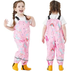 Kids Waterproof Rain Bib Pants, Boys Girls Rain Pants Cartoon Rain Trousers Lightweight Rainwear for Toddlers