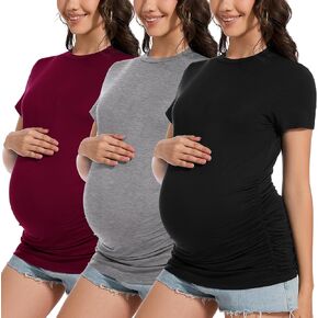 Smallshow Women's Maternity Shirts Crew Neck Short Sleeve Pregnancy Clothes 3 Pack