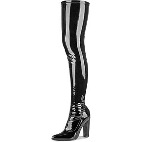 WSKEISP Women's Thigh High Boots Patent Leather PU Heeled Over The Knee High Boots Sexy Pointed Toe Chunky Heel GOGO Boots