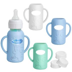 3 Pack Silicone Sleeves for Dr Brown Natural Glass Baby Bottles, Food Grade Anti Breakage Baby Bottle Holder with Handles and 3pcs Travel Bottle Caps (White+Pink+Grey, 4oz)