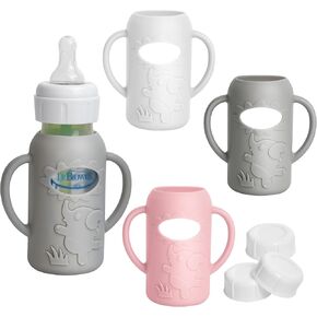 3 Pack Silicone Sleeves for Dr Brown Natural Glass Baby Bottles, Food Grade Anti Breakage Baby Bottle Holder with Handles and 3pcs Travel Bottle Caps (White+Pink+Grey, 4oz) in Kuwait