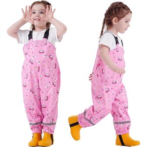 Toddlers Waterproof Rain Bib Pants, Boys Girls Rain Pants Kids Cartoon Rain Trousers Lightweight Mud Pants Rainwear