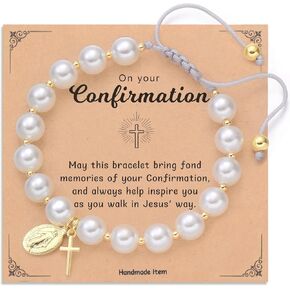 Miss Pink Initial First Holy Communion Bracelets Gifts for Girls Women, Catholic First 1st Communion 14K Gold Plated Initial Pearl Cross Charm Bracelet Personalized 26 Alphabet for Goddaughter Niece