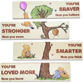 PAMBO Winnie Bear Baby Shower Decorations, 4-Panel Wooden Nursery Decor Room Inspirational Wall Art, Motivational Quote Signs