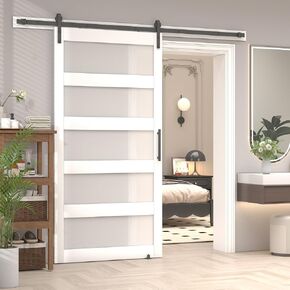 36 in x 84 in 5-Panel Glass Sliding Barn Door with 6.6FT Hardware Kit Floor Guide Included,Solid Wood Waterproof PVC Surface Pre-Drilled Holes Easy DIY,Frosted Glass for Bathroom White
