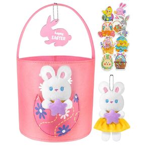 Swooflia Cute Bunny Easter Basket for Kids - Personalized Large Felt Bags Includes One Small Plush Doll My First Tote Bucket Name Tag Easter Egg Hunts, Gift for Girls Boys Toddler Baby