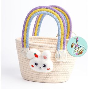 Exun Easter Bunny Basket for Kids, Cute Cotton Tote Bag Hand-Woven Handbag with Rainbow Handles, Easter Egg Hunt Basket Bags for Boys, Girls, Toddler, Babies, Easter gift basket Personalized (Beige)