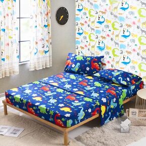 MacoHome Toddler Bedding Sets for Boys Twin White Dinosaur Cute Christmas Fitted Sheet Set with 1 Cartoon Flat Sheet,1 Fitted Sheet, 1 Pillowcases(Dinosaur, Twin)