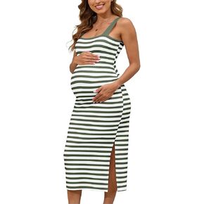 Striped Maternity Summer Dress - Sleeveless Square Neck Tank with Side Slit, Baby Shower & Casual Pregnancy Outfit