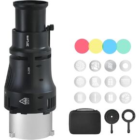 WELLMAKING Bowens Mount Optical Snoot Conical S-290 Kit. Adjustable Focus, 36° Lens, Aperture Modifier, 4 Color Filters, and 12 Gobos; for Photography, LED and Strobe Light, Studio Video Artist