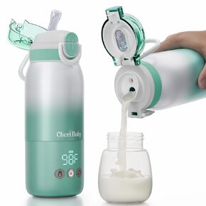 CheriBaby Portable Bottle Warmer for Travel – Dual Heating Modes for Breast Milk & Water, Portable Milk Warmer On-The-Go, Extra Straw Lid, Super Fast Charging, Long Battery Life, 12 Ounces