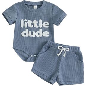 Douhoow Baby Boy Summer Outfits Short Sleeve Mamas Boy Little Dude Embroidery Boy Romper Shorts Set Infant Waffle Clothes