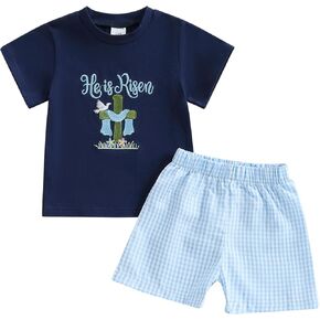 Toddler Baby Boy Easter Outfit Bunny/Cross Short Sleeve Shirt Tee Plaid Shorts Easter Summer Clothing Set