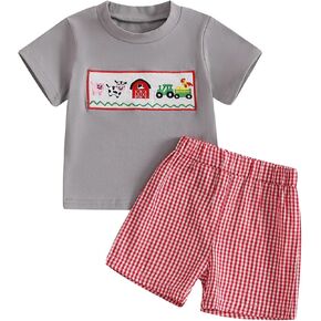 Toddler Boy Summer Clothes Animal Embroidery Smocked Short Sleeve T-Shirt + Casual Shorts