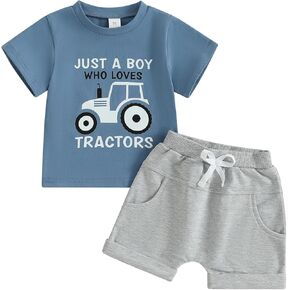 WZTYYDS Toddler Baby Boy Summer Clothes Tractor Letter Print Short Sleeve T-shirt Tops Casual Shorts 2 Piece Outfit