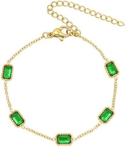 14K Gold Bracelet with Five Square Cut Emeralds, Adjustable Linked Bracelet Design for Any Wrists, Elegant Gift for Her in Saudi Arabia