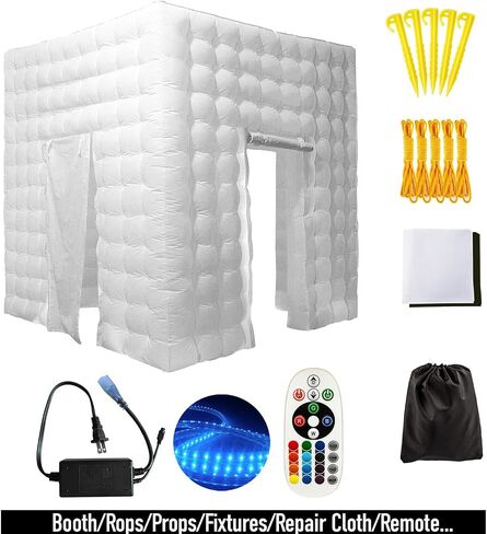 2 Door Inflatable Photo Booth, 8.2ftx8.2ft Portable 16 Colors Dimmable Shooting Inflatable Photo Booth Enclosure with Blower, for Wedding Party Events Birthday Bars (White) in Kuwait