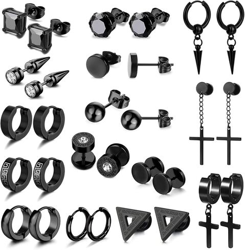 28 Piece Black Cross Dangle Earrings, Stainless Steel Long Chain Pierced Hoop Earrings Set, Unisex in Saudi Arabia
