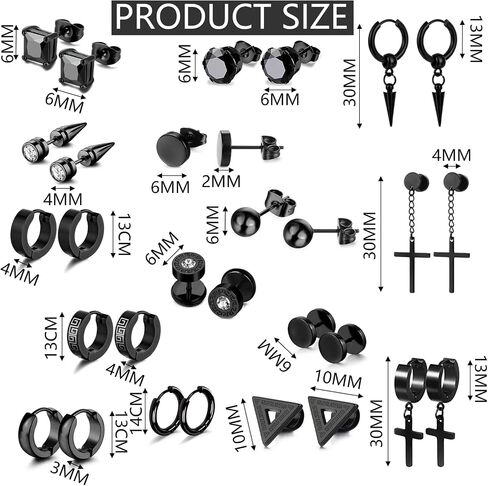 28 Piece Black Cross Dangle Earrings, Stainless Steel Long Chain Pierced Hoop Earrings Set, Unisex in Saudi Arabia