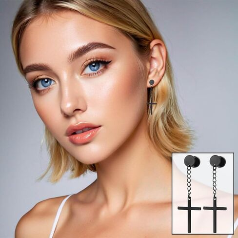 مجموعة من 28 قطعة من الأقراط المتدلية ذات الصليب الأسود، مجموعة من الأقراط الحلقية ذات سلسلة طويلة من الفولاذ المقاوم للصدأ، للجنسين in Kuwait